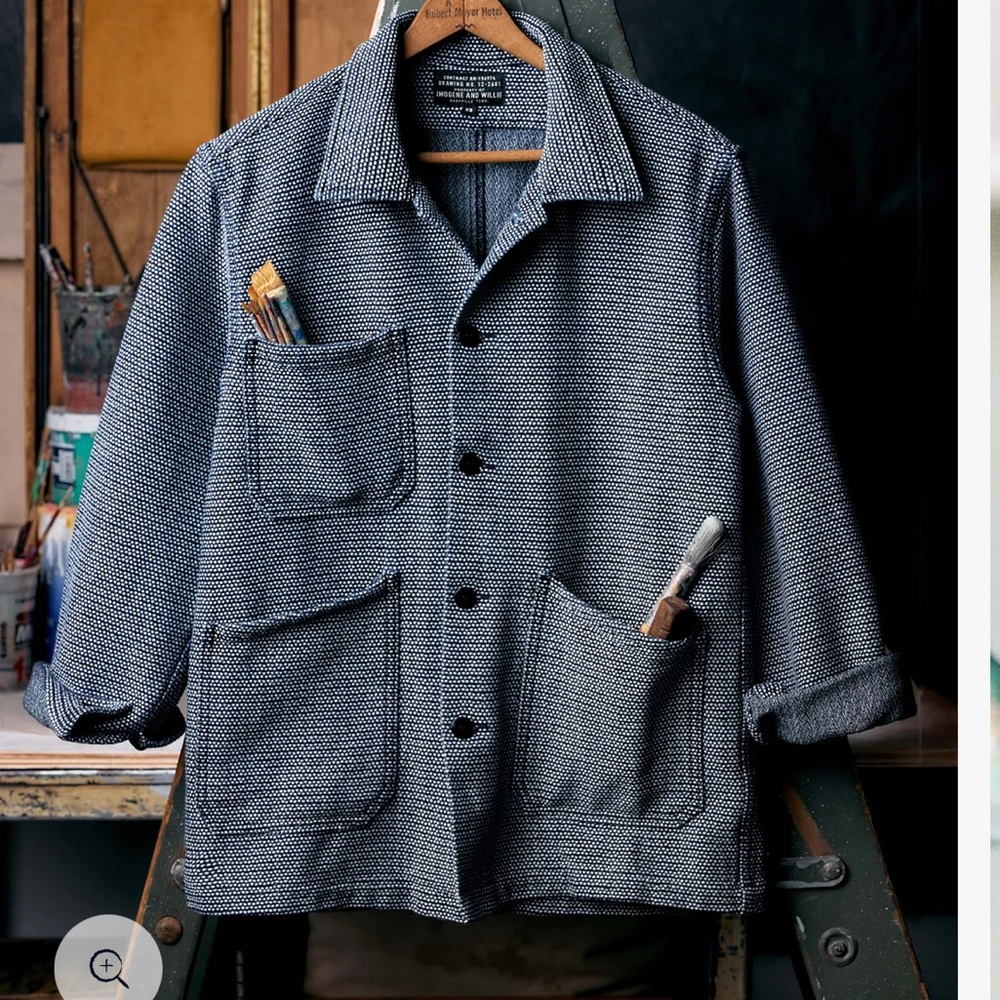 Imogen + Willie painters coat in indigo cream sashiko